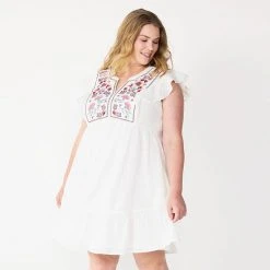 Plus Size Sonoma Goods For Life® Embroidered Flounce-Hem Dress White