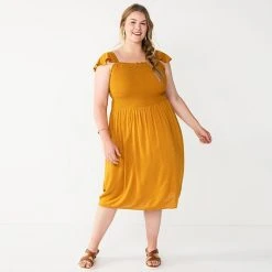 Plus Size Sonoma Goods For Life® Smocked Bodice Midi Dress Tan Multi Stripe