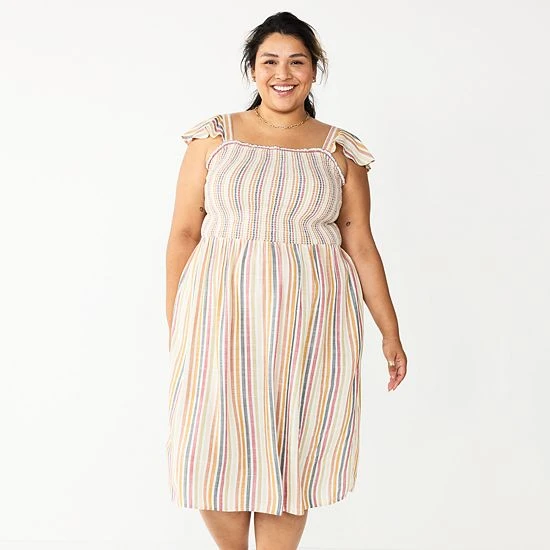 Plus Size Sonoma Goods For Life® Smocked Bodice Midi Dress Tan Multi Stripe 4 Plus Size Sonoma Goods For Life® Smocked Bodice Midi Dress Tan Multi Stripe - Image 2