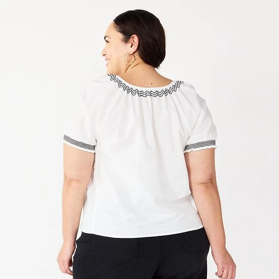 Plus Size Sonoma Goods For Life® Shirring V-Neck Top Black White Embroidery 4 Plus Size Sonoma Goods For Life® Shirring V-Neck Top Black White Embroidery - Image 2