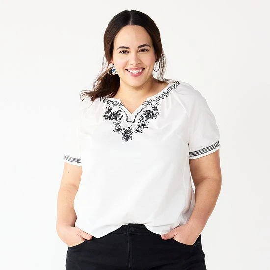 Plus Size Sonoma Goods For Life® Shirring V-Neck Top Black White Embroidery 7 Plus Size Sonoma Goods For Life® Shirring V-Neck Top Black White Embroidery - Image 5