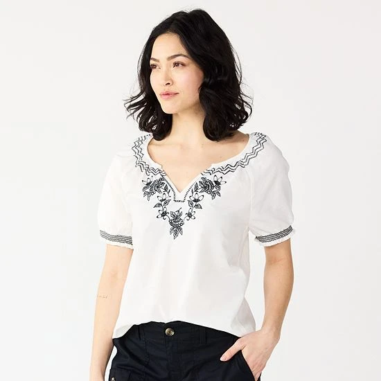 Women's Sonoma Goods For Life® Shirred V-neck Top Black White Embroidery 9 Women's Sonoma Goods For Life® Shirred V-neck Top Black White Embroidery - Image 7