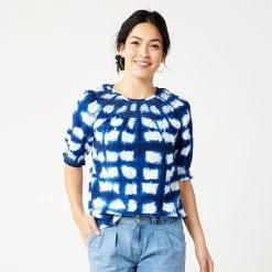 Petite Sonoma Goods For Life® Elbow-Sleeve Smocked Top Blue Geo Floral