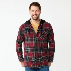 Men's Sonoma Goods For Life® Hooded Flannel Button-Down Shirt Pink Plaid