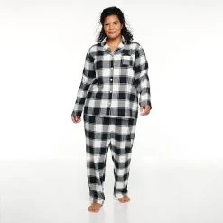 Plus Size Sonoma Goods For Life® Flannel Pajama Shirt & Pajama Pants Set Black White Buffalo