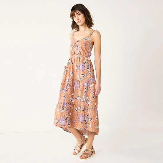 Women's Sonoma Goods For Life Tiered Midi Dress Neutral Floral 3 Women's Sonoma Goods For Life Tiered Midi Dress Neutral Floral